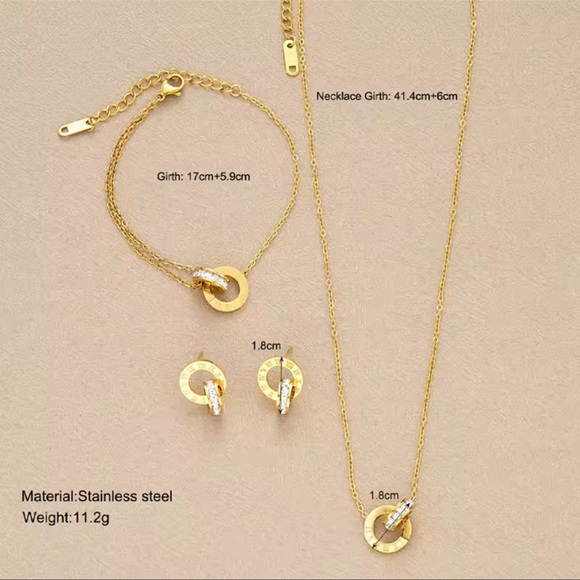 NIB 4 Pc Set Gold Plated Bold Roman Numeral Stainless Steel & Zircon Jewelry Set - Picture 7 of 16